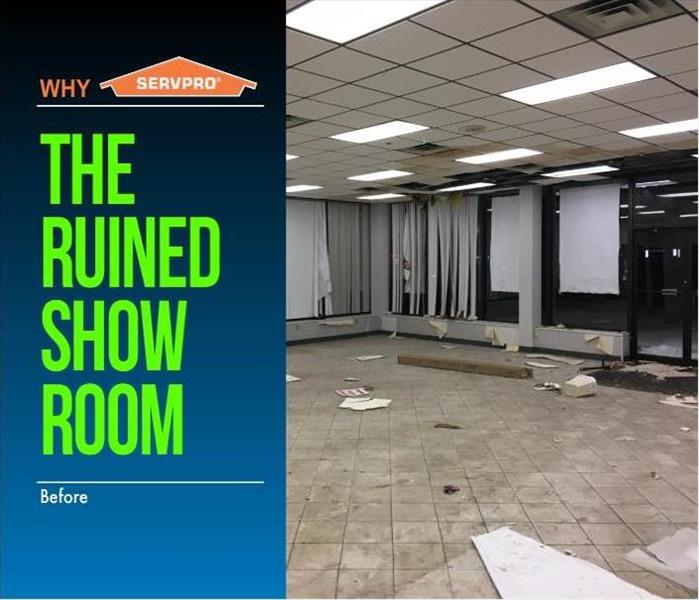 empty auto dealership showroom destroyed by faulty sprinkler head