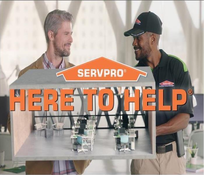 Image of SERVPRO technician and customer with SERVPRO logo and text, Here to Help