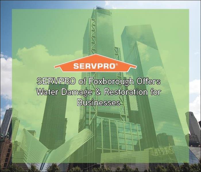 Commercial in background with green box overlay and orange SERVPRO logo 