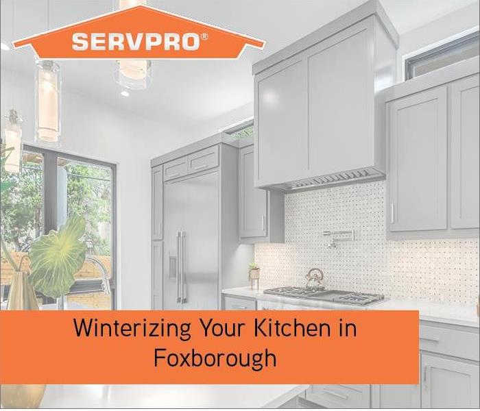 Kitchen in background with orange SERVPRO logo and text box